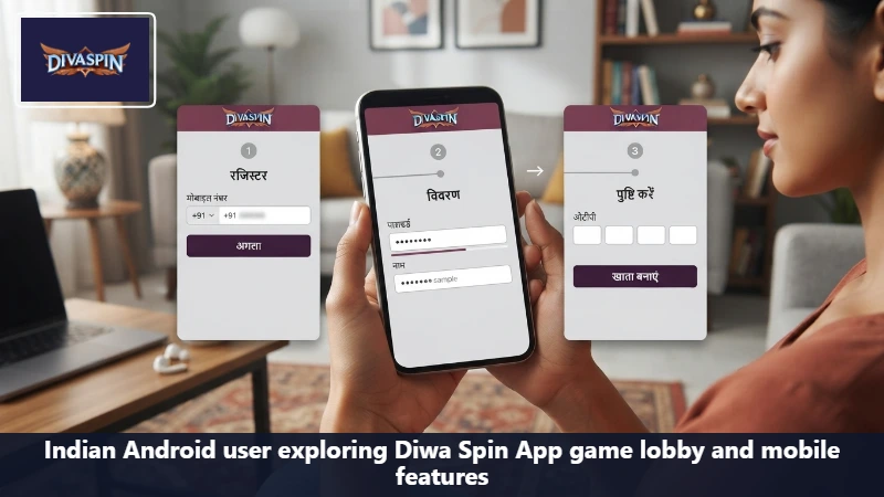 Indian Android user exploring Diwa Spin App game lobby and mobile features
