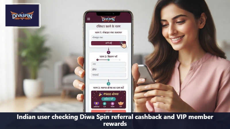 Indian user checking Diwa Spin referral cashback and VIP member rewards