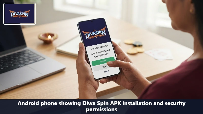 Android phone showing Diwa Spin APK installation and security permissions