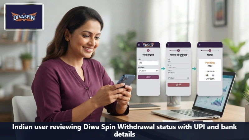 Indian user reviewing Diwa Spin Withdrawal status with UPI and bank details